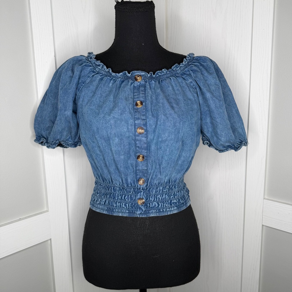 Vintage Y2K Speed Limit Crop Top Womens Medium Blue Denim Chambray Puff Sleeve